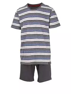 Мужская пижама (футболка в разноцветную полоску и однотонные шорты) темно-серого цвета BUGATTI RT56011/4065